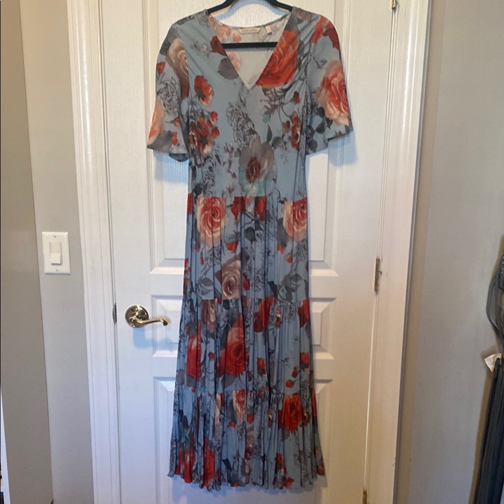 Soft Surroundings Blue Sundress with Pleated Tiered Skirt and Flutter Sleeves